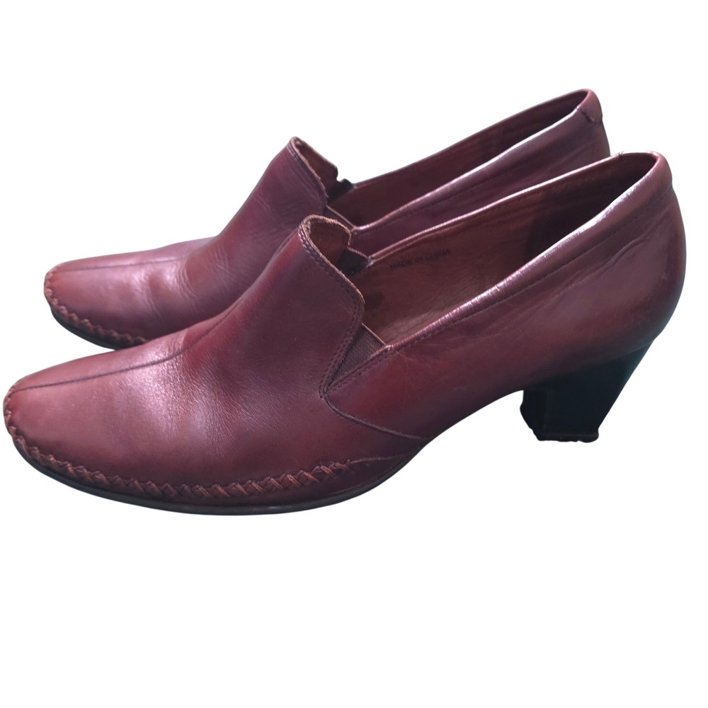 Pikolinos Brown Leather Stitched Block Heel Pumps Slip On Loafers EU 39 US 8.5